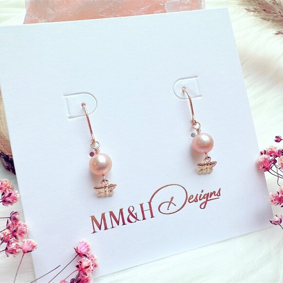 New Light Purple Freshwater Pearl Earrings with Butterfly Charm | Handmade in BC - Picture 6 of 8